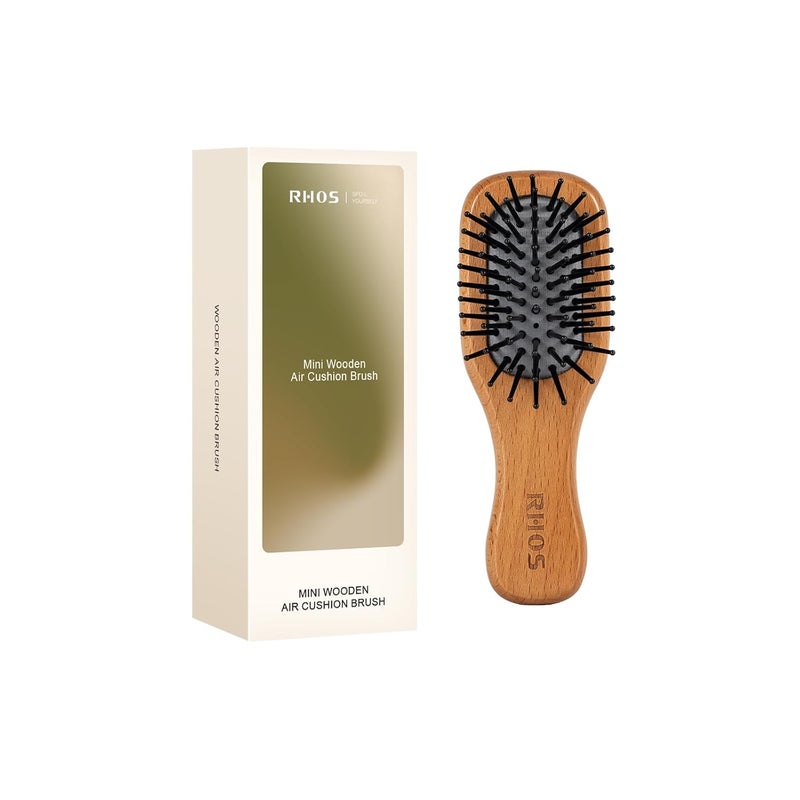RHOS Mini Hair Brush for Women,Men and Kids-Travel Size Hair Brush for Purse,Pocket,backpack-Small Cushion Paddle Brush with Soft Bristles-Mini Detangler Brush for All Hair Types(1 Pack-Beech) - Image 1